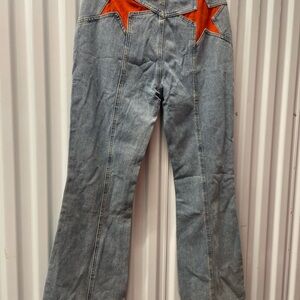 Emmiol Chic Denim Flare Jeans with Orange Star Details Size M